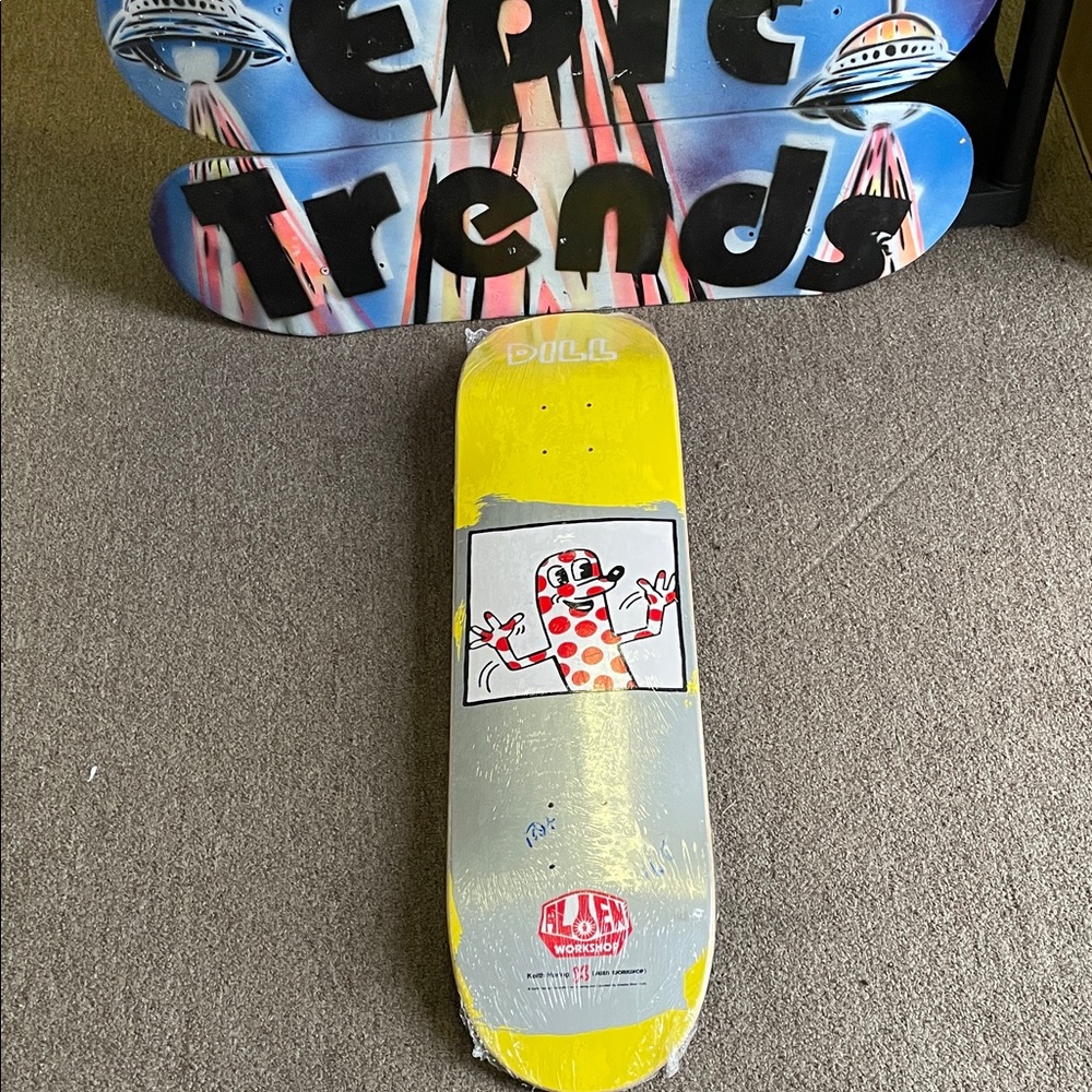 Keith Haring Alien Workshop Yellow and Gray Skateboard with Graphic